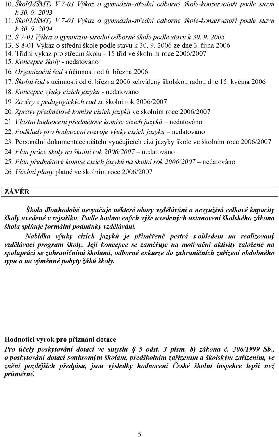 Třídní výkaz pro střední školu - 15 tříd ve školním roce 2006/2007 15. Koncepce školy - nedatováno 16. Organizační řád s účinností od 6. března 2006 17. Školní řád s účinností od 6.