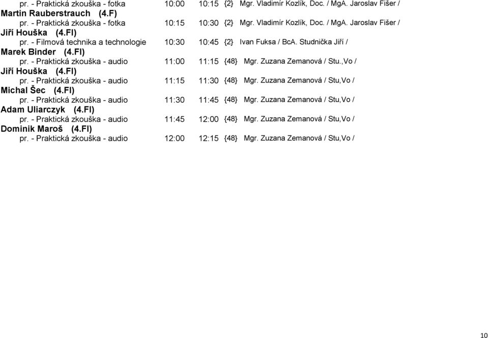 ,Vo / Jiří Houška (4.FI) pr. - Praktická zkouška - audio 11:15 11:30 {48} Mgr. Zuzana Zemanová / Stu,Vo / Michal Šec (4.FI) pr. - Praktická zkouška - audio 11:30 11:45 {48} Mgr.