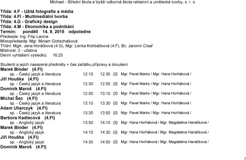 F), Bc. Jaromír Císař Místnost: 2 - učebna Denní vyhlášení výsledků: 16:25 Studenti a jejich nasazené předměty + čas začátku přípravy a zkoušení Marek Binder (4.FI) sp.