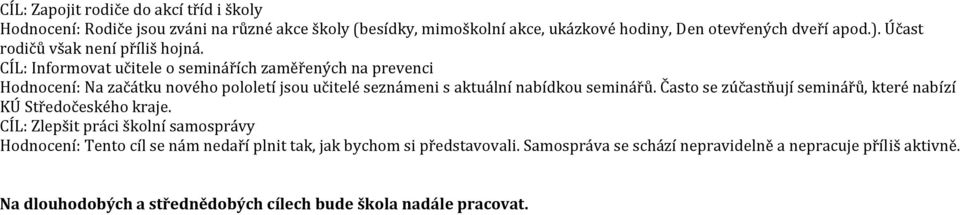 CÍL: Informovat učitele o seminářích zaměřených na prevenci Hodnocení: Na začátku nového pololetí jsou učitelé seznámeni s aktuální nabídkou seminářů.