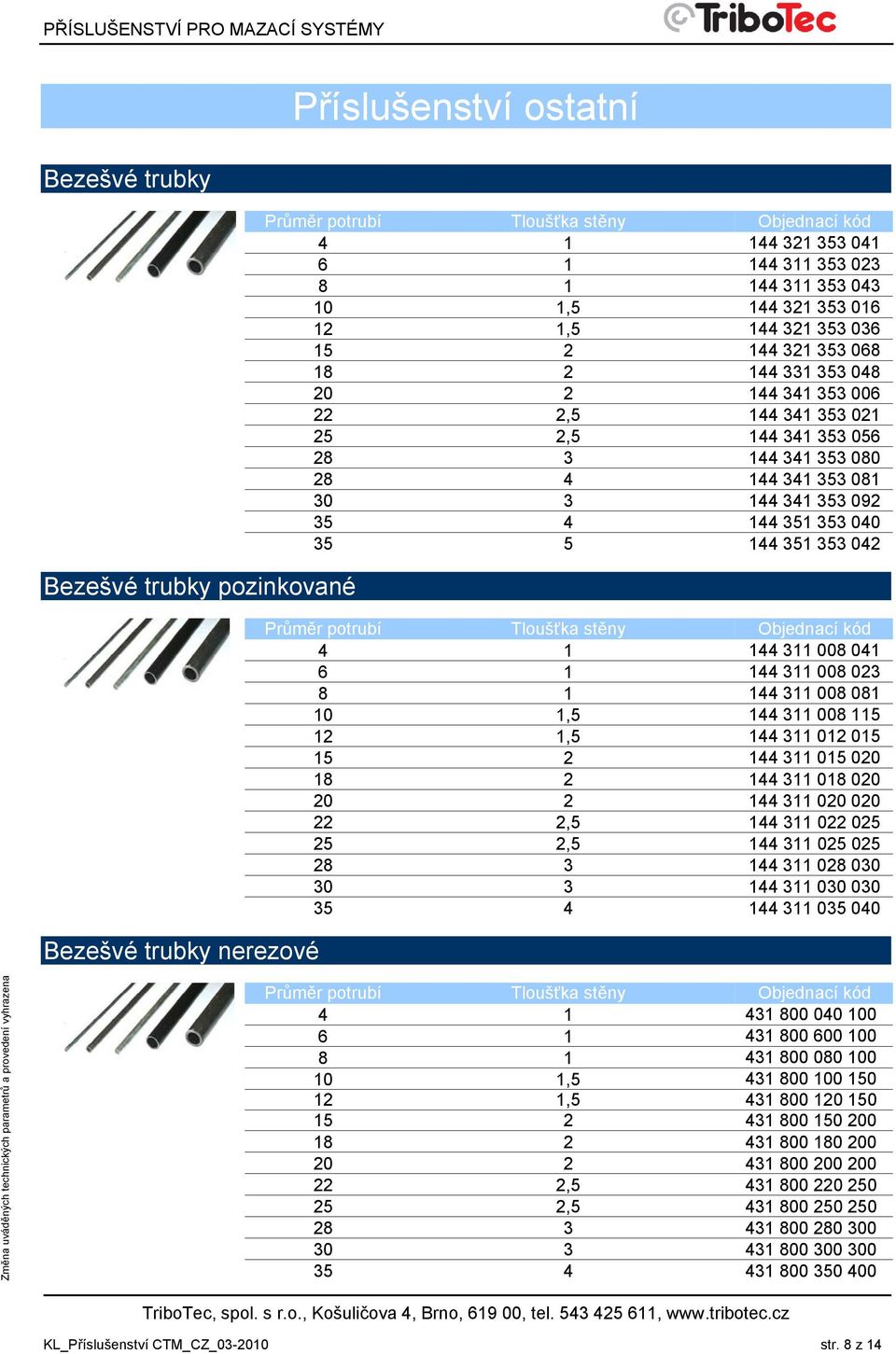 341 353 092 35 4 144 351 353 040 35 5 144 351 353 042 Průměr potrubí Tloušťka stěny Objednací kód 4 1 144 311 008 041 6 1 144 311 008 023 8 1 144 311 008 081 10 1,5 144 311 008 115 12 1,5 144 311 012