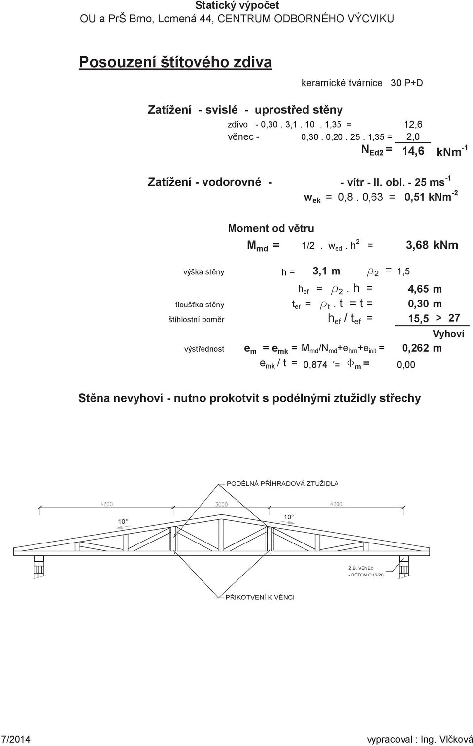 h 2 = 3,68 knm výška stny h = 3,1 m 2 = 1,5 h ef = 2. h = 4,65 m tlouška stny t ef = t.