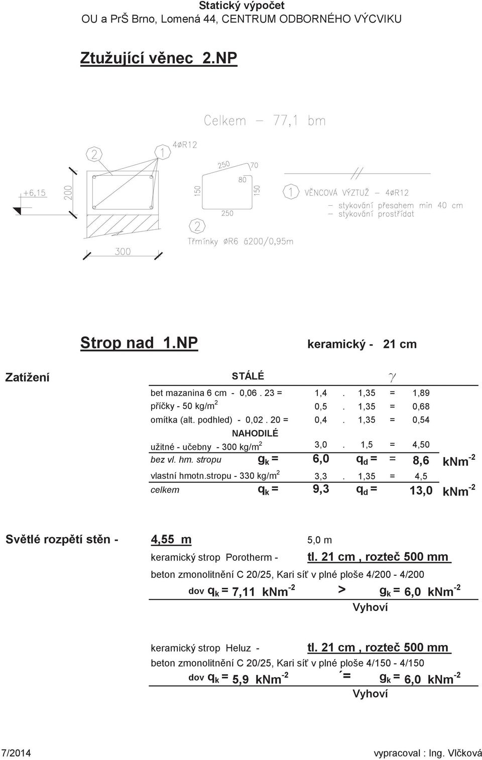 1,35 = 4,5 celkem q k = 9,3 q d = 13,0 knm -2 Svtlé rozptí stn - 4,55 m 5,0 m keramický strop Porotherm - tl.