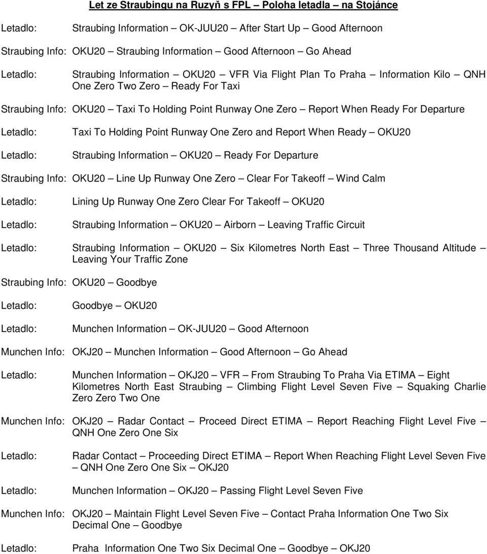 To Holding Point Runway One Zero and Report When Ready OKU20 Straubing Information OKU20 Ready For Departure Straubing Info: OKU20 Line Up Runway One Zero Clear For Takeoff Wind Calm Lining Up Runway