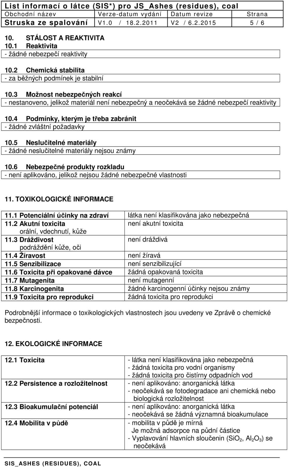 5 Neslučitelné materiály - žádné neslučitelné materiály nejsou známy 10.6 Nebezpečné produkty rozkladu - není aplikováno, jelikož nejsou žádné nebezpečné vlastnosti 11. TOXIKOLOGICKÉ INFORMACE 11.