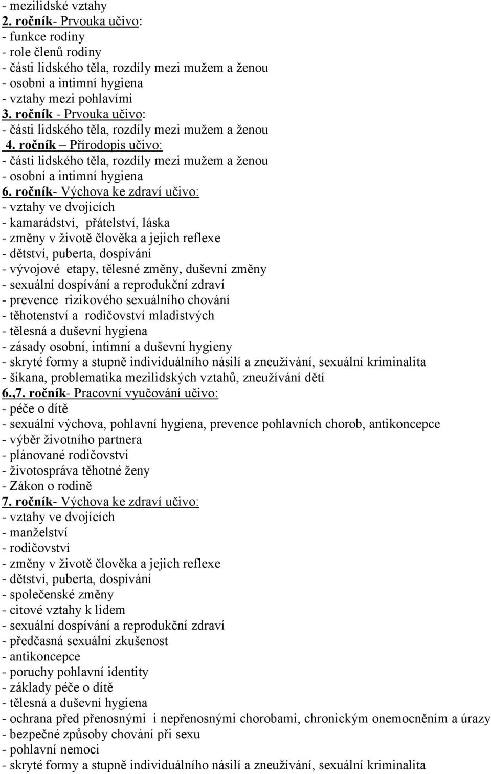 ročník- Výchova ke zdraví učivo: - vztahy ve dvojicích - kamarádství, přátelství, láska - změny v ţivotě člověka a jejich reflexe - dětství, puberta, dospívání - vývojové etapy, tělesné změny,