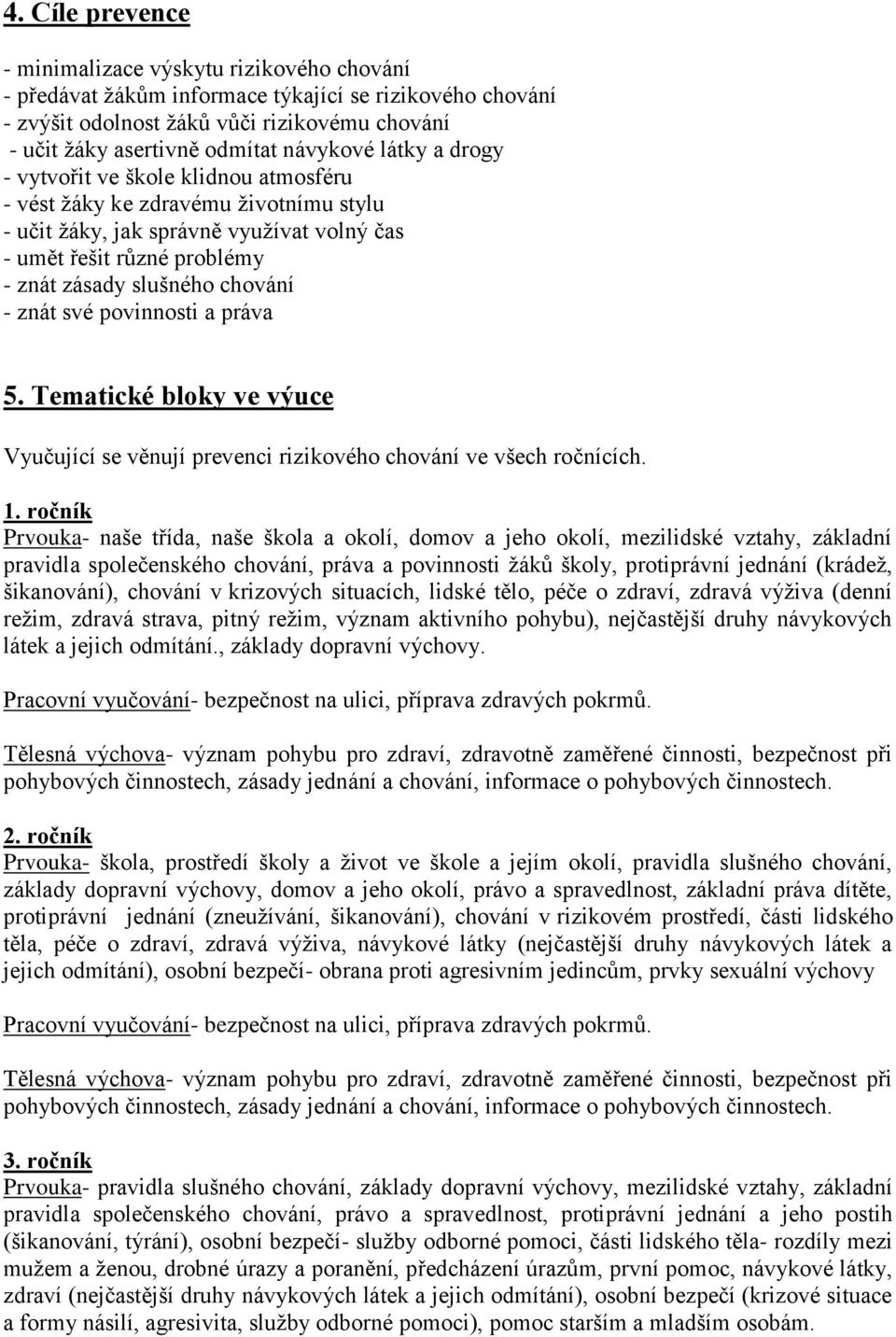 chování - znát své povinnosti a práva 5. Tematické bloky ve výuce Vyučující se věnují prevenci rizikového chování ve všech ročnících. 1.