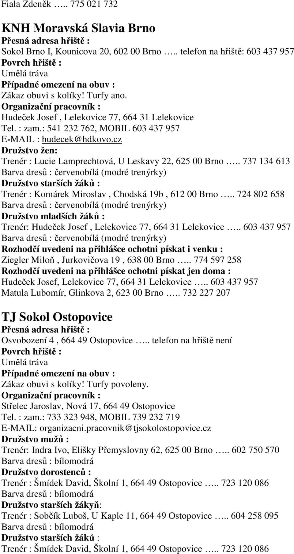 . 737 134 613 Barva dresů : červenobílá (modré trenýrky) Družstvo starších žáků : Trenér : Komárek Miroslav, Chodská 19b, 612 00 Brno.