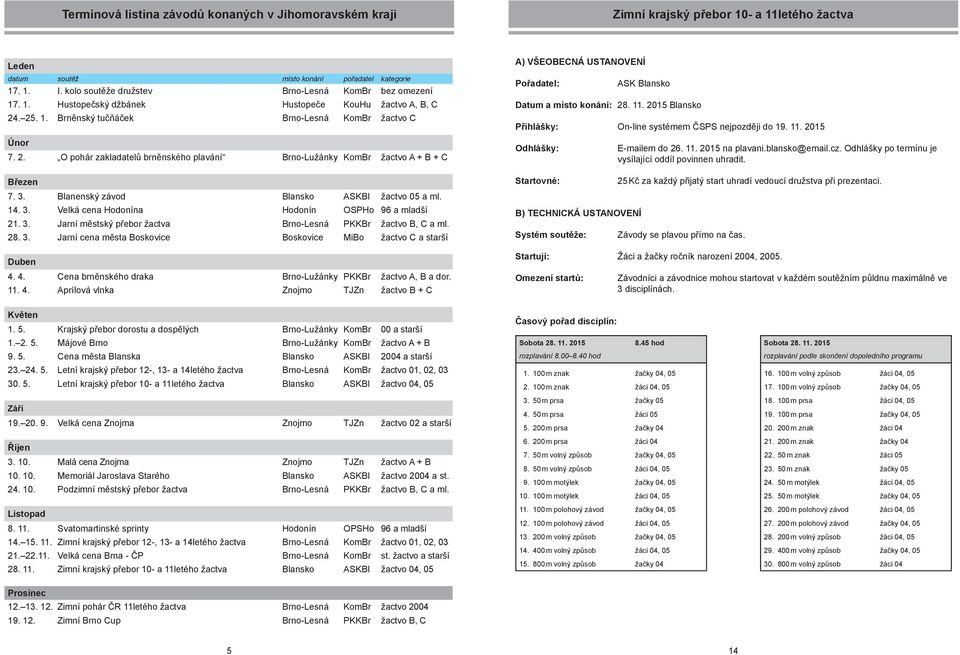3. Blanenský závod Blansko ASKBl žactvo 05 a ml. 14. 3. Velká cena Hodonína Hodonín OSPHo 96 a mladší 21. 3. Jarní městský přebor žactva Brno-Lesná PKKBr žactvo B, C a ml. 28. 3. Jarní cena města Boskovice Boskovice MiBo žactvo C a starší Duben 4.