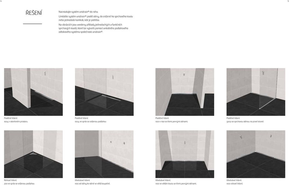 Podélné řešení: 1004 v otevřeném prostoru. Podélné řešení: 1004 ve sprše se sníženou podlahou Podélné řešení: 1001 v nice se třemi pevnými stěnami.