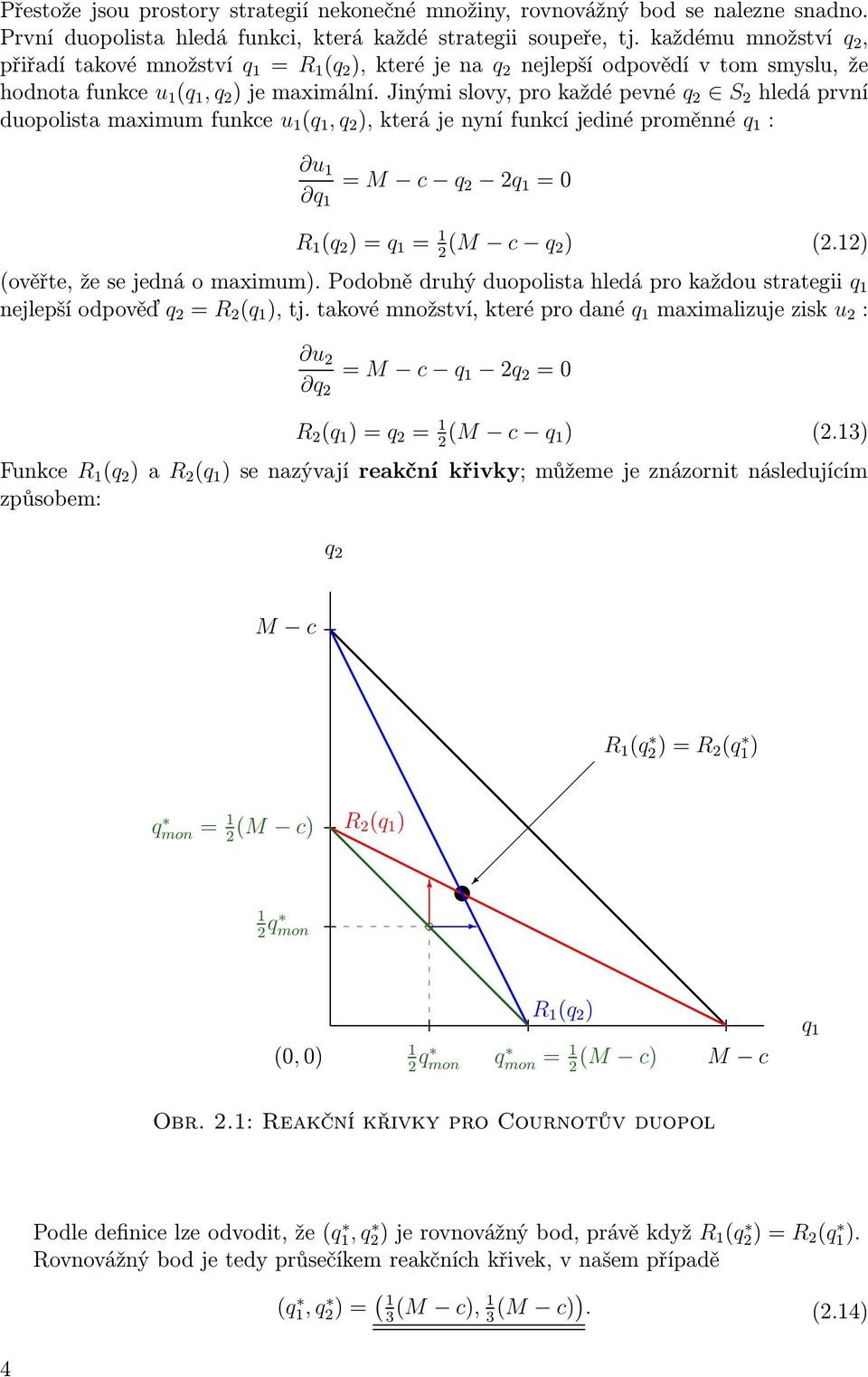 jinýmislovy,prokaždépevné q 2 S 2 hledáprvní duopolistamaximumfunkce u (q, q 2 ),kterájenynífunkcíjedinéproměnné q : u q = M c q 2 2q =0 R (q 2 )=q = 2 (M c q 2) (2.2) (ověřte,žesejednáomaximum).