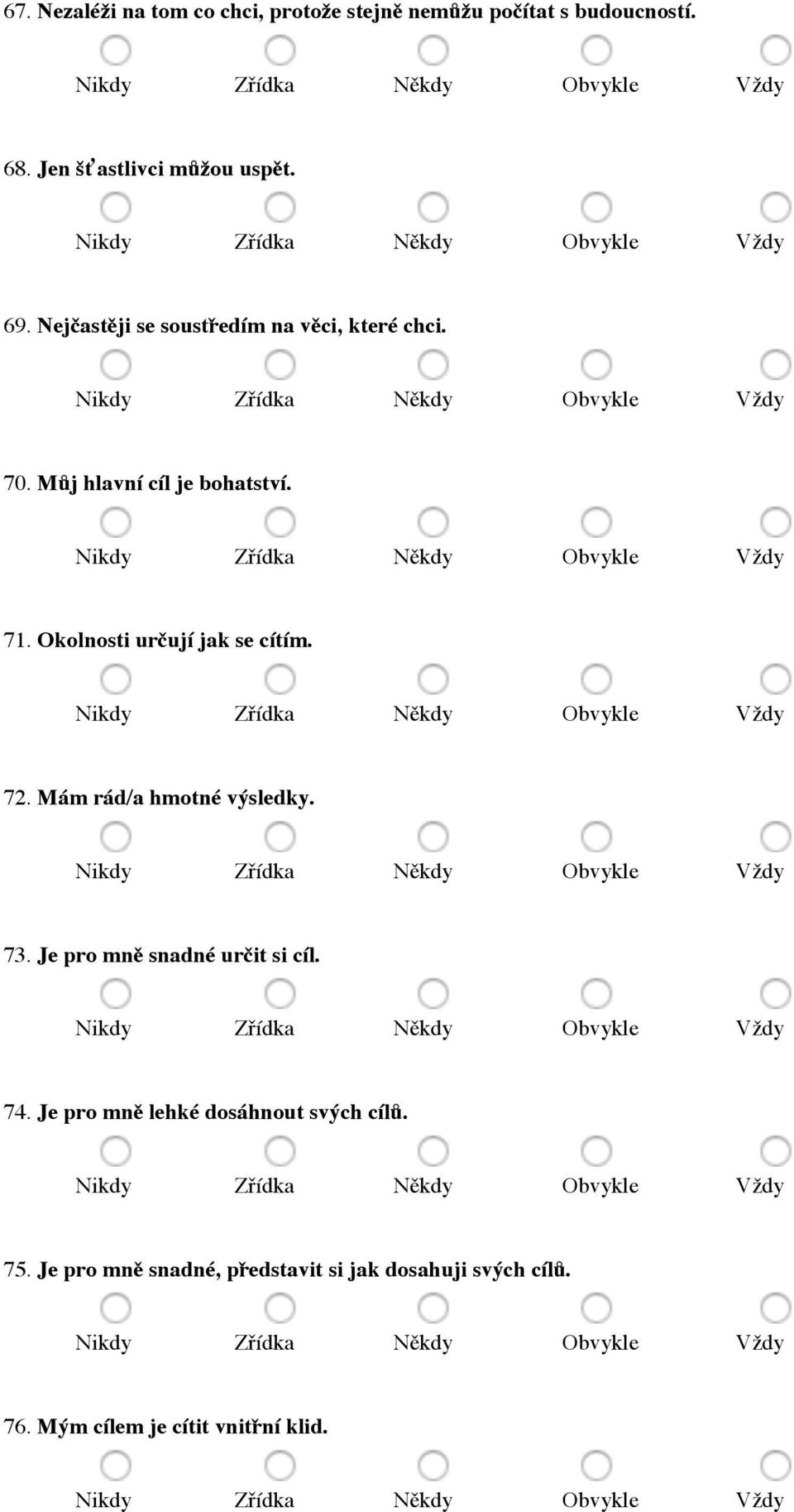 Okolnosti určují jak se cítím. 72. Mám rád/a hmotné výsledky. 73. Je pro mně snadné určit si cíl. 74.