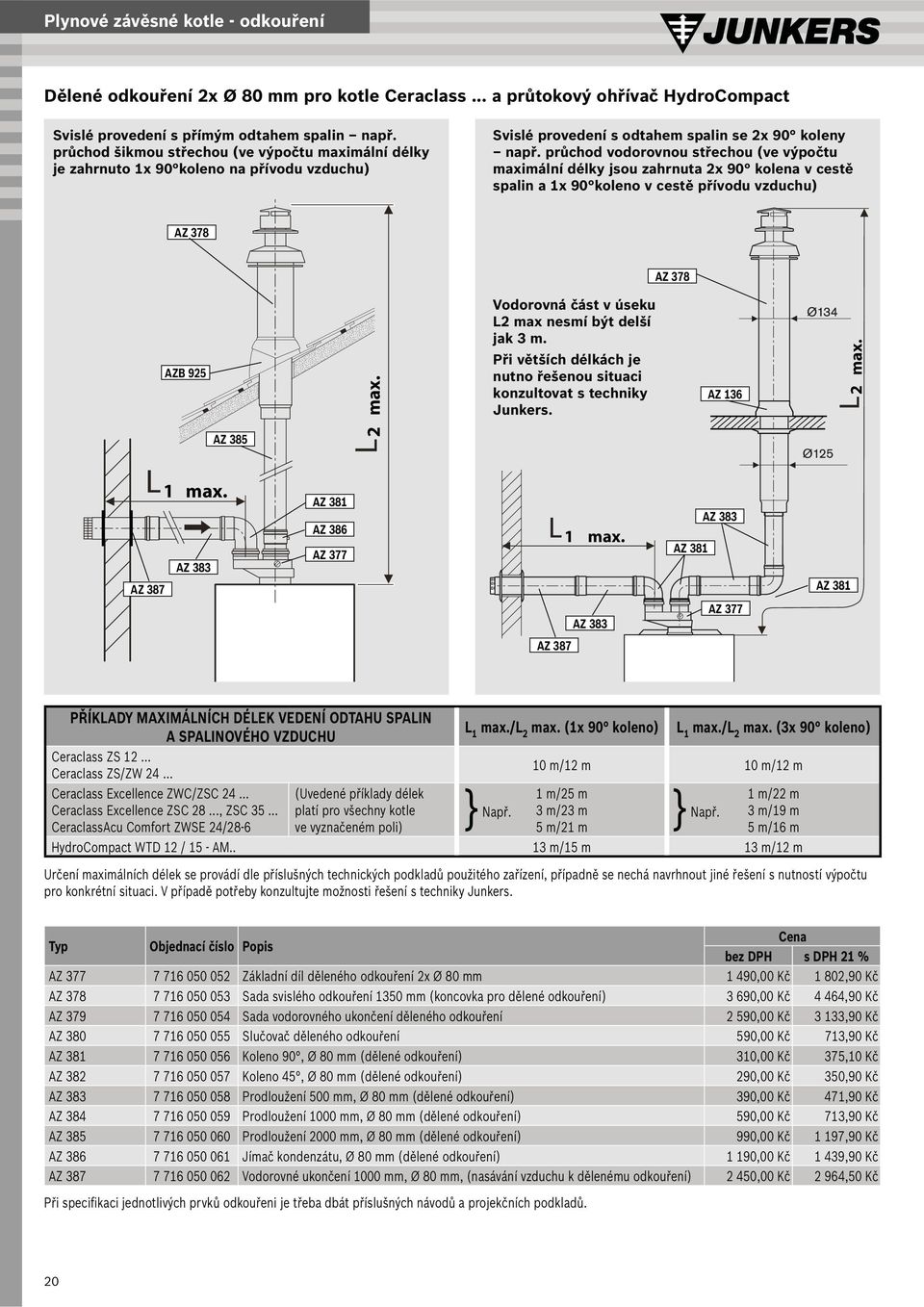 průchod vodorovnou střechou (ve výpočtu maximální délky jsou zahrnuta 2x 90 kolena v cestě spalin a 1x 90 koleno v cestě přívodu vzduchu) AZ 378 AZ 378 AZB 925 AZ 385 2 max.