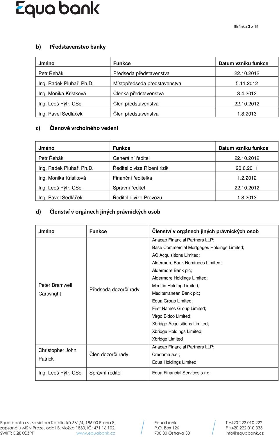 2013 c) Členové vrcholného vedení Jméno Funkce Datum vzniku funkce Petr Řehák Generální ředitel 22.10.2012 Ing. Radek Pluhař, Ph.D. Ředitel divize Řízení rizik 20.6.2011 Ing.