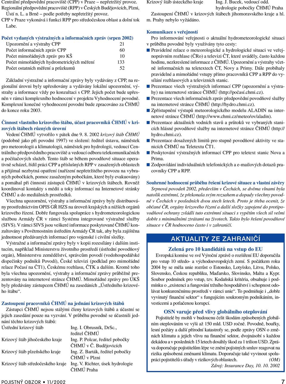 PoËet vydan ch v straûn ch a informaënìch zpr v (srpen 2002) UpozornÏnÌ a v strahy CPP 21 PoËet informaënìch zpr v CPP 60 PoËet mimo dn ch zpr v pro Kä 10 PoËet mimo dn ch hydrometrick ch mï enì 133