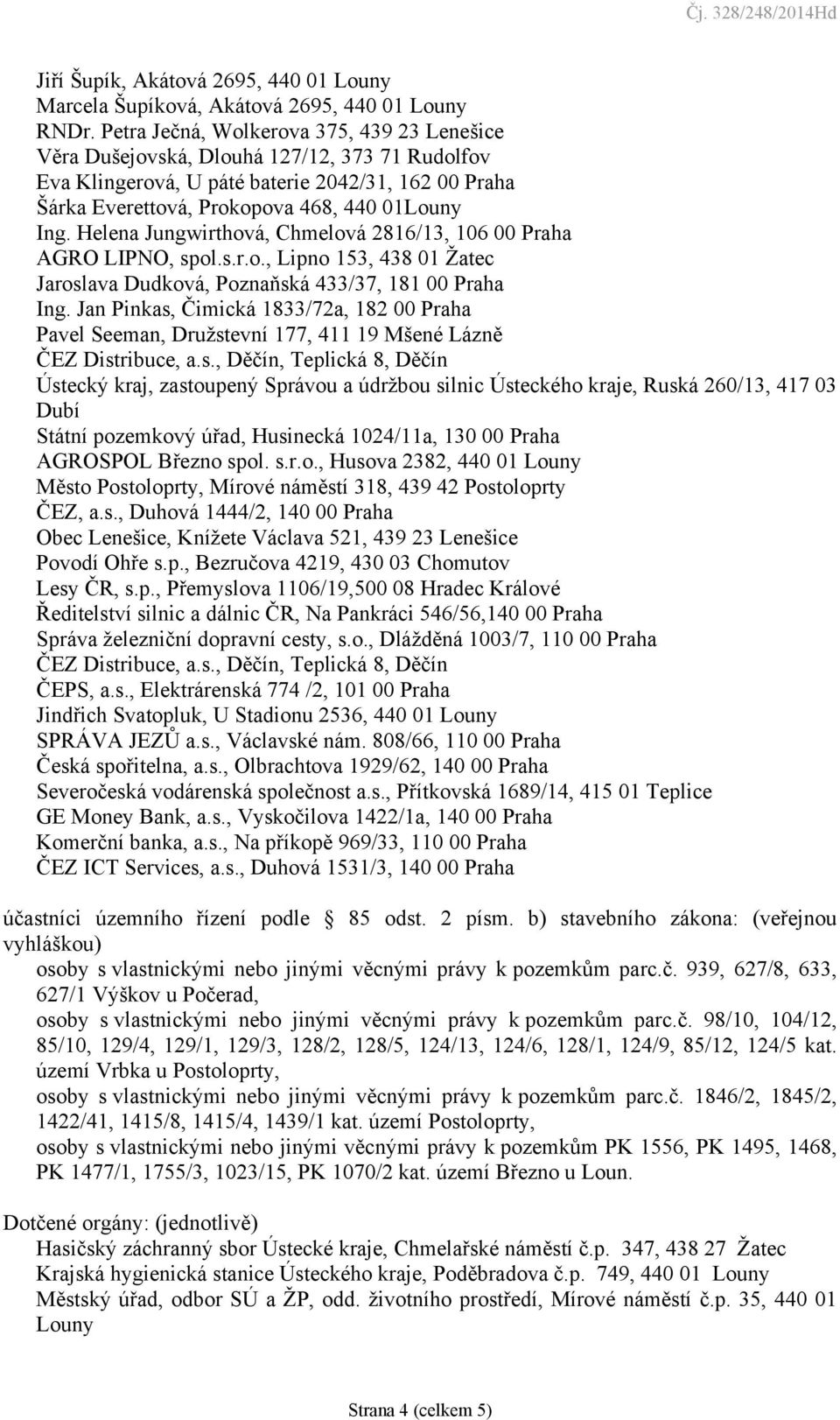 Helena Jungwirthová, Chmelová 2816/13, 106 00 Praha AGRO LIPNO, spol.s.r.o., Lipno 153, 438 01 Žatec Jaroslava Dudková, Poznaňská 433/37, 181 00 Praha Ing.