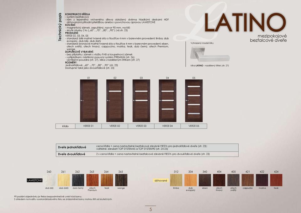 23) PROSKLENÍ: VERZE 02, 03, 04, 05 - standard: bílé matné tvrzené sklo o tloušťce 4 mm v barevném provedení: limba, dub evropský, dub bílý, dub zlatý - standard: bronzové matné tvrzené sklo o