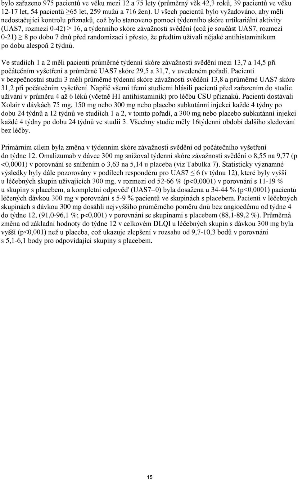 svědění (což je součást UAS7, rozmezí 0-21) 8 po dobu 7 dnů před randomizací i přesto, že předtím užívali nějaké antihistaminikum po dobu alespoň 2 týdnů.