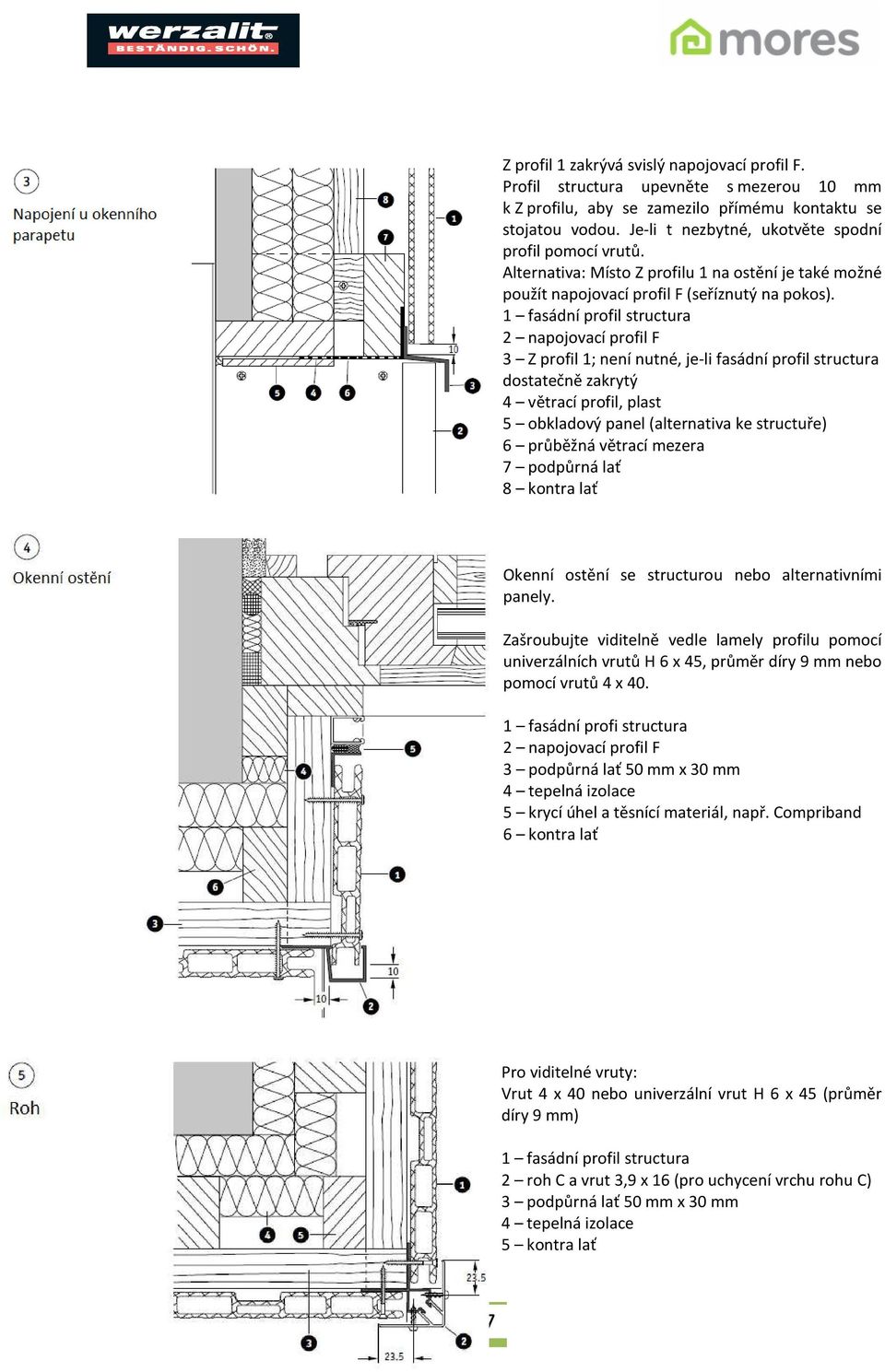 2 napojovací profil F 3 Z profil 1; není nutné, je-li fasádní profil structura dostatečně zakrytý 4 větrací profil, plast 5 obkladový panel (alternativa ke structuře) 6 průběžná větrací mezera 7