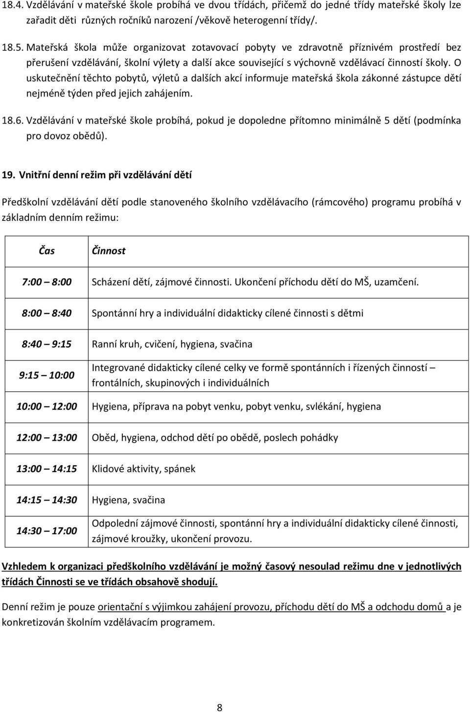 O uskutečnění těchto pobytů, výletů a dalších akcí informuje mateřská škola zákonné zástupce dětí nejméně týden před jejich zahájením. 18.6.