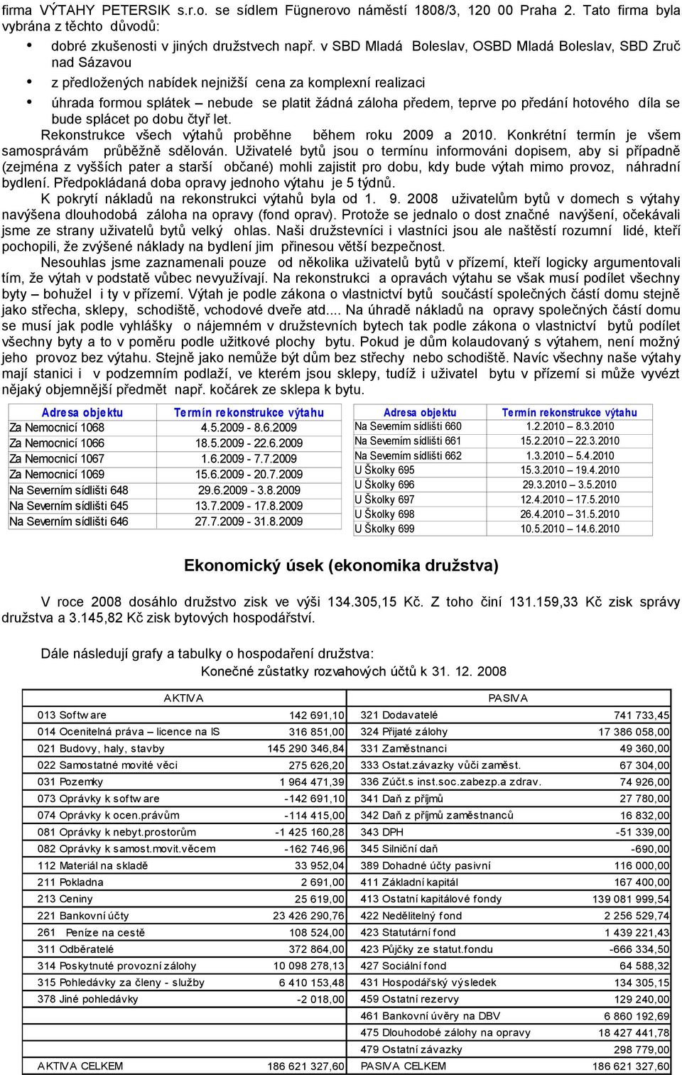 předání hotového díla se bude splácet po dobu čtyř let. Rekonstrukce všech výtahů proběhne během roku 29 a 21. Konkrétní termín je všem samosprávám průběžně sdělován.