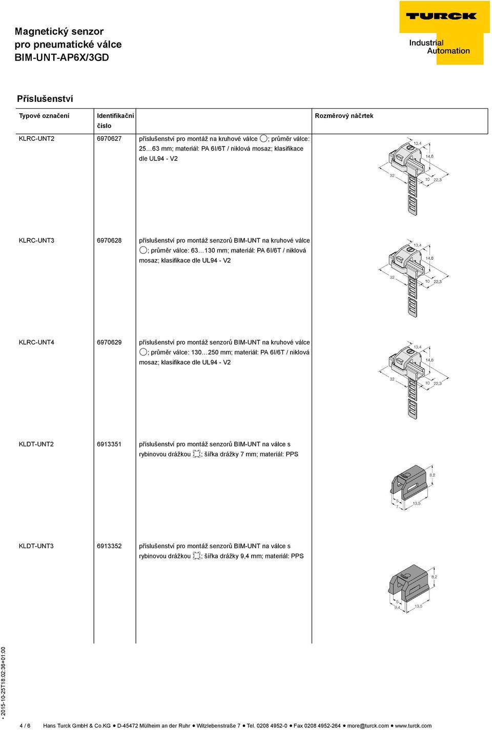 příslušenství pro montáž senzorů BIM-UNT na kruhové válce E; průměr válce: 130 250 mm; materiál: PA 6I/6T / niklová mosaz; klasifikace dle UL94 - V2 KLDT-UNT2 6913351 příslušenství pro montáž senzorů