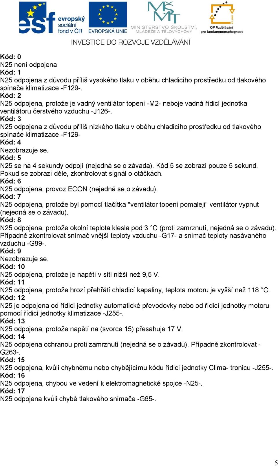 Kód: 3 N25 odpojena z důvodu příliš nízkého tlaku v oběhu chladicího prostředku od tlakového spínače klimatizace -F129- Kód: 4 Nezobrazuje se. Kód: 5 N25 se na 4 sekundy odpojí (nejedná se o závada).