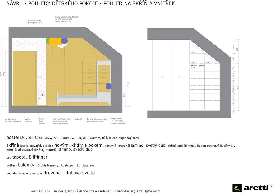 lamino, světlý dub, skříně pod šikminou budou mít nové šuplíky a v horní částí otvíravá dvířka, materiál lamino,