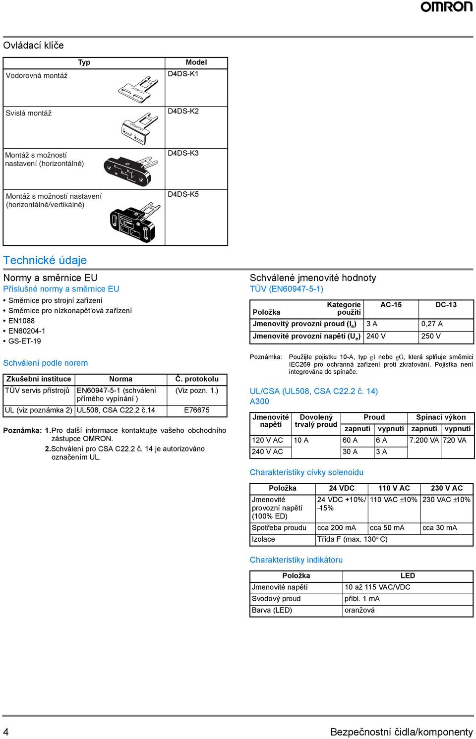 protokolu TÜV servis přístrojů EN6097-5-1 (schválení (Viz pozn. 1.) přímého vypínání ) UL (viz poznámka 2) UL508, CSA C22.2 č.1 E76675 Poznámka: 1.