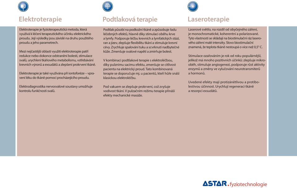 Mezi nejčastější oblasti využití elektroterapie patří redukce nebo dokonce odstranění bolesti, stimulace svalů, urychlení tkáňového metabolismu, vstřebávání krevních výronů a exsudátů a zlepšení