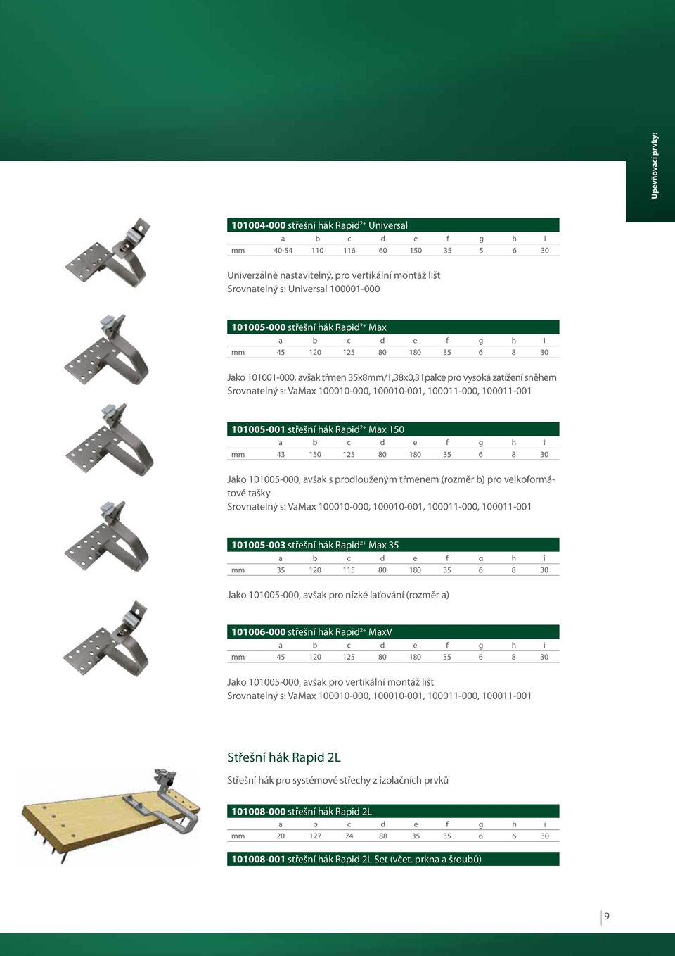 100010-000, 100010-001, 100011-000, 100011-001 101005-001 střešní hák Rapid 2+ Max 150 a b c d e f g h i mm 43 150 125 80 180 35 6 8 30 Jako 101005-000, avšak s prodlouženým třmenem (rozměr b) pro