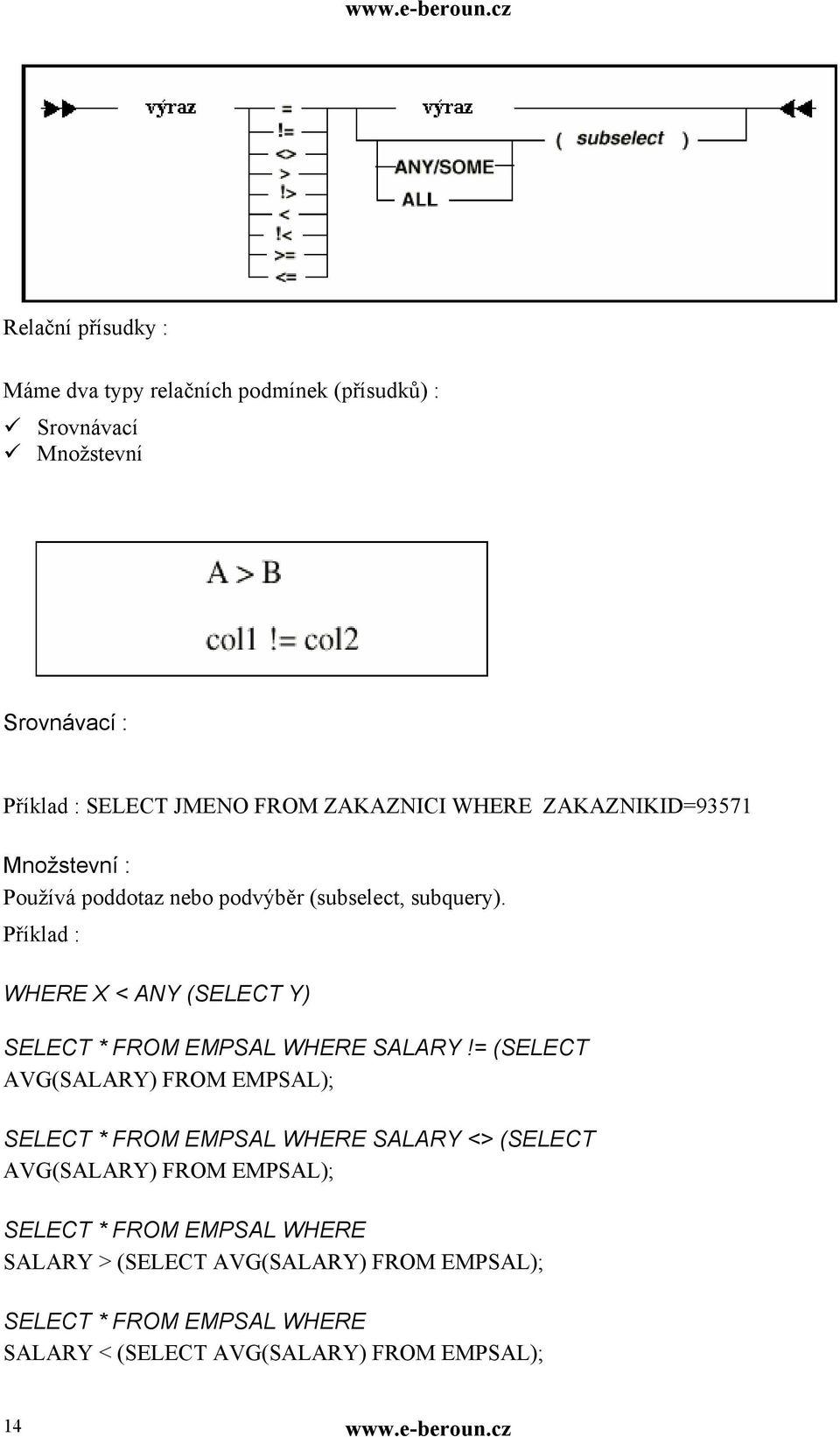 Příklad : WHERE X < ANY (SELECT Y) SELECT * FROM EMPSAL WHERE SALARY!