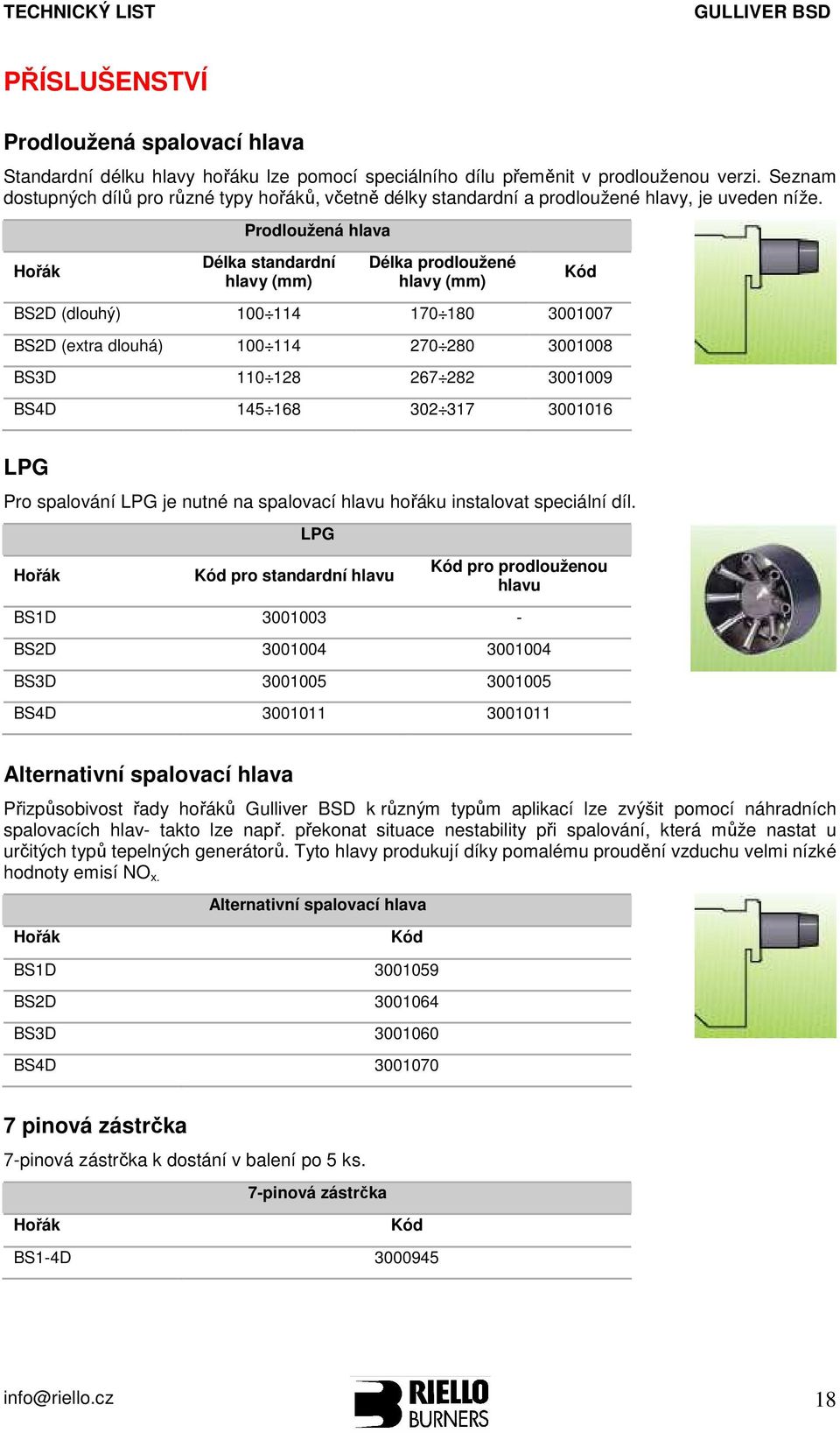 Hořák Prodloužená hlava Délka standardní hlavy (mm) Délka prodloužené hlavy (mm) Kód BS2D (dlouhý) 100 114 170 180 3001007 BS2D (extra dlouhá) 100 114 270 280 3001008 BS3D 110 128 267 282 3001009