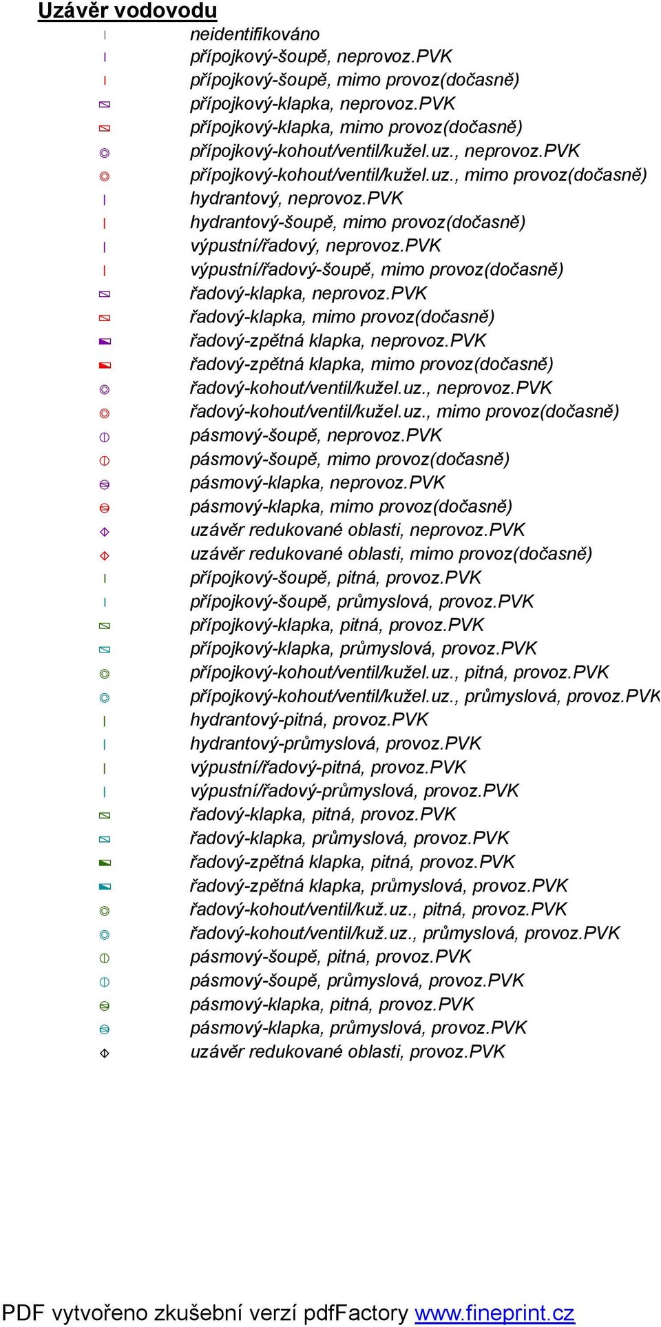 , mimo provoz(dočasně) hydrantový, hydrantový-šoupě, mimo provoz(dočasně) výpustní/řadový, výpustní/řadový-šoupě, mimo provoz(dočasně) řadový-klapka, řadový-klapka, mimo provoz(dočasně) řadový-zpětná