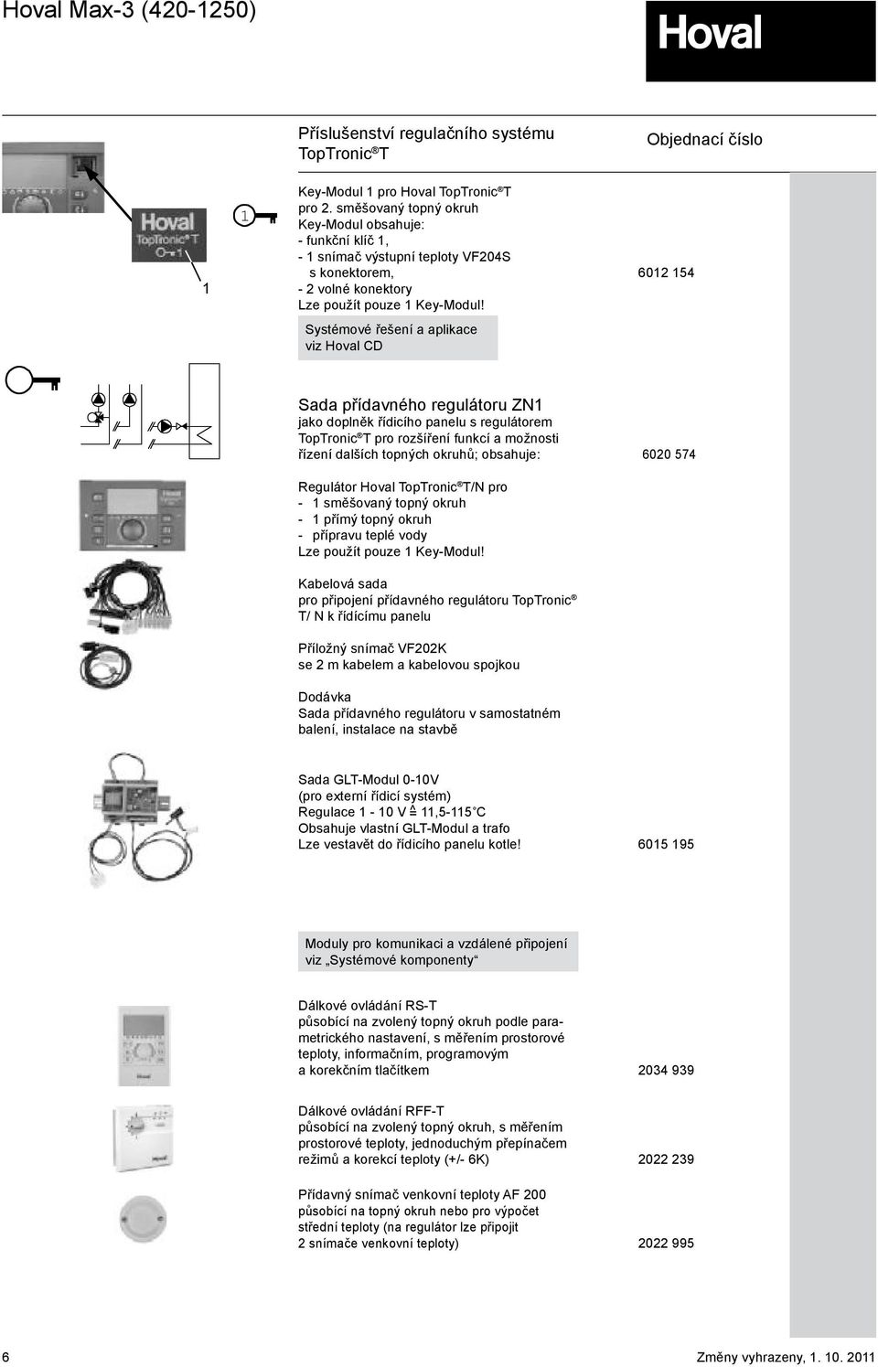 6012 154 Systémové řešení a aplikace viz Hoval CD Sada přídavného regulátoru ZN1 jako doplněk řídicího panelu s regulátorem TopTronic T pro rozšíření funkcí a možnosti řízení dalších topných okruhů;