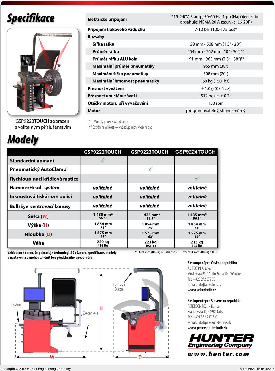 5-38 )** Maximální průměr pneumatiky 965 mm (38 ) Maximání šířka pneumatiky 508 mm (20 ) Maximální hmotnost pneumatiky Přesnost vyvážení 68 kg (150 lbs) ± 1.0 g (0.