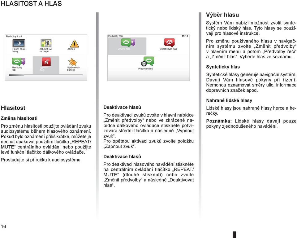 Vyberte hlas ze seznamu. Předvolby řeči Vypnout zvuk Správa oblíbených Předvolby řeči Syntetický hlas Syntetické hlasy generuje navigační systém. Dávají Vám hlasové pokyny při řízení.