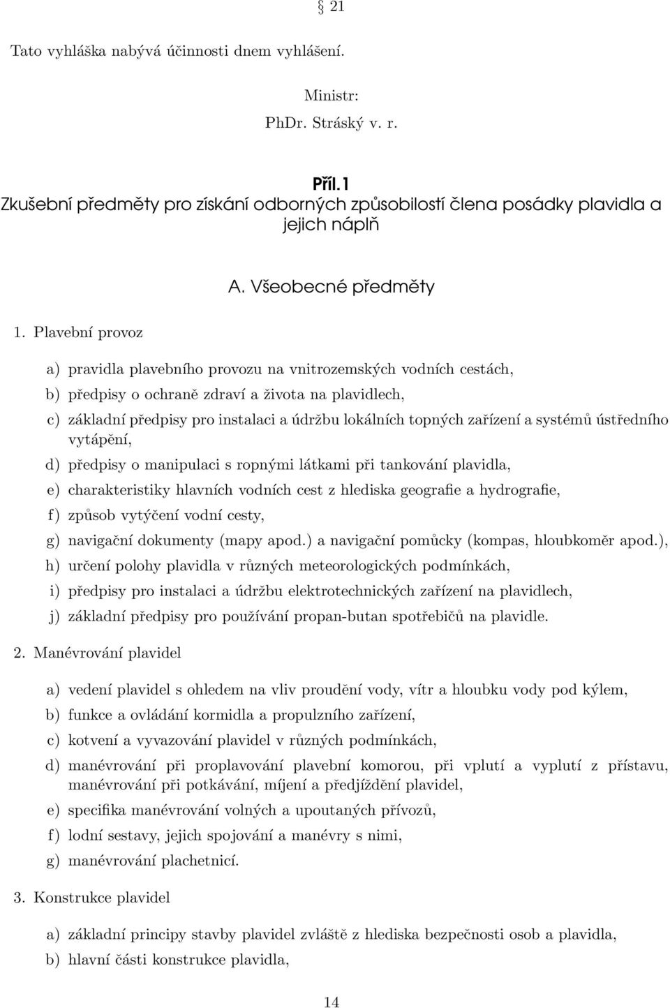 Plavební provoz a) pravidla plavebního provozu na vnitrozemských vodních cestách, b) předpisy o ochraně zdraví a života na plavidlech, c) základní předpisy pro instalaci a údržbu lokálních topných