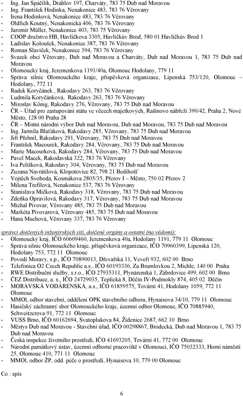 Věrovany - COOP družstvo HB, Havlíčkova 3305, Havlíčkův Brod, 580 01 Havlíčkův Brod 1 - Ladislav Koloušek, Nenakonice 387, 783 76 Věrovany - Roman Slavíček, Nenakonice 394, 783 76 Věrovany - Svazek