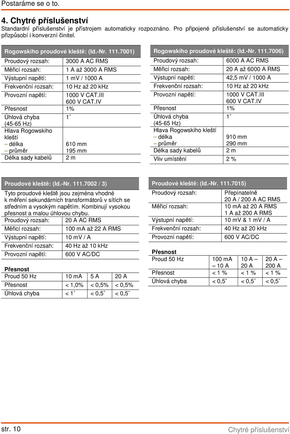 III 600 V CT.IV Přesnost 1% Úhlová chyba (45-65 Hz) Hlava Rogowskiho kleští délka průměr Délka sady kabelů 1 610 mm 195 mm 2 m Rogowskiho proudové kleště: (Id.-Nr. 111.