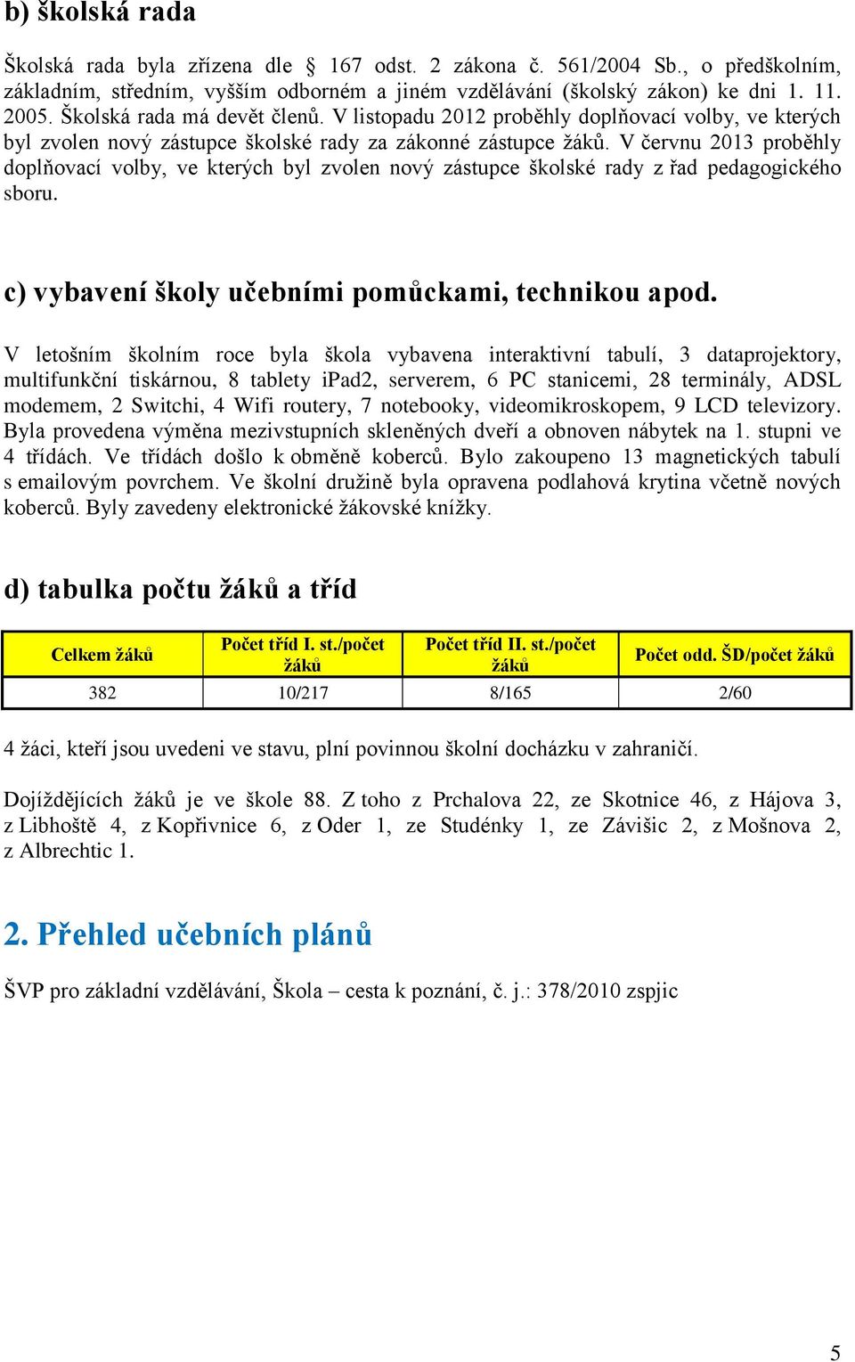 V červnu 2013 proběhly doplňovací volby, ve kterých byl zvolen nový zástupce školské rady z řad pedagogického sboru. c) vybavení školy učebními pomůckami, technikou apod.