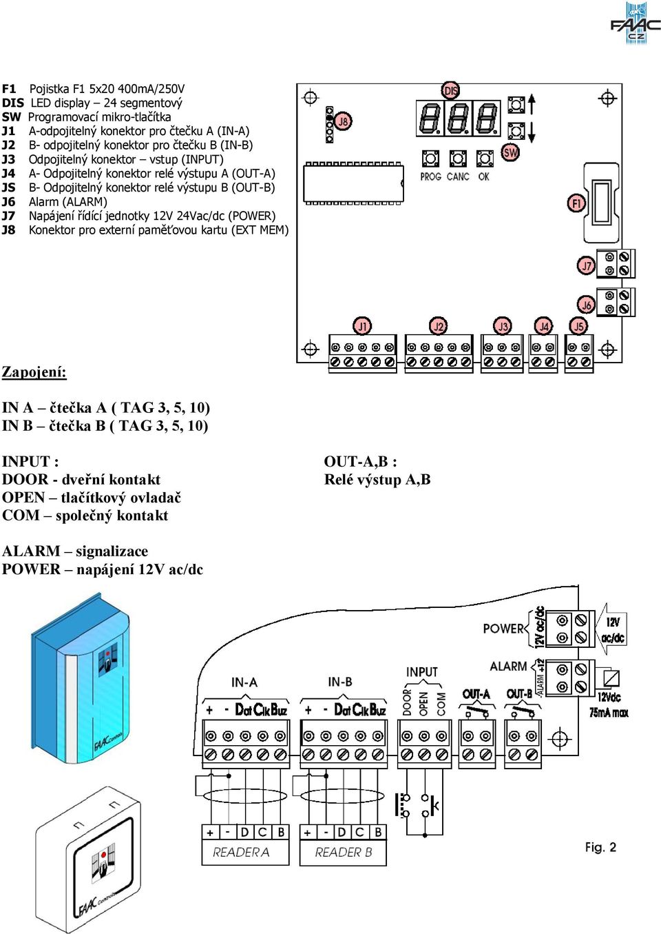 (OUT-B) J6 Alarm (ALARM) J7 Napájení řídící jednotky 12V 24Vac/dc (POWER) J8 Konektor pro externí paměťovou kartu (EXT MEM) Zapojení: IN A čtečka A ( TAG 3, 5,