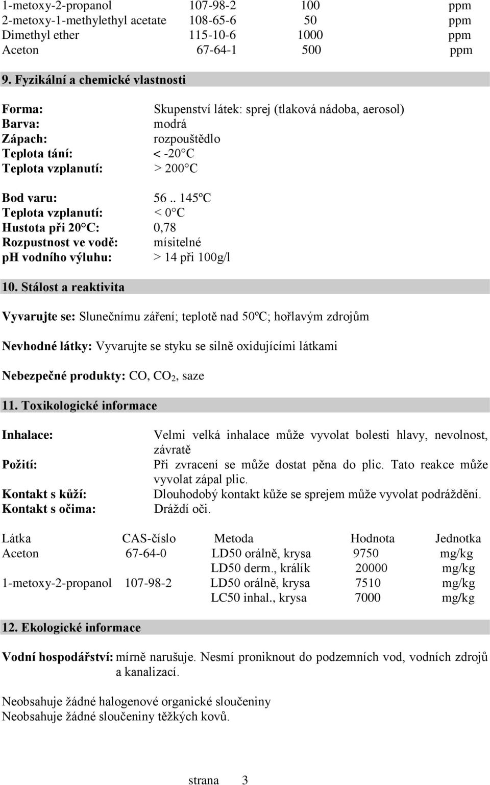 . 145ºC Teplota vzplanutí: < 0 C Hustota při 20 C: 0,78 Rozpustnost ve vodě: mísitelné ph vodního výluhu: > 14 při 100g/l 10.