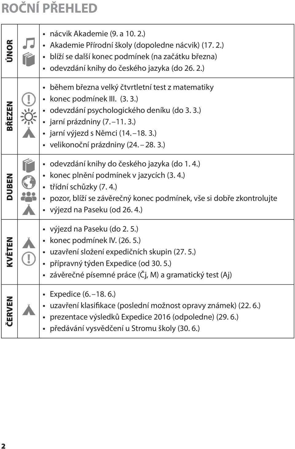 28. 3.) odevzdání knihy do českého jazyka (do 1. 4.) konec plnění podmínek v jazycích (3. 4.) třídní schůzky (7. 4.) pozor, blíží se závěrečný konec podmínek, vše si dobře zkontrolujte výjezd na Paseku (od 26.