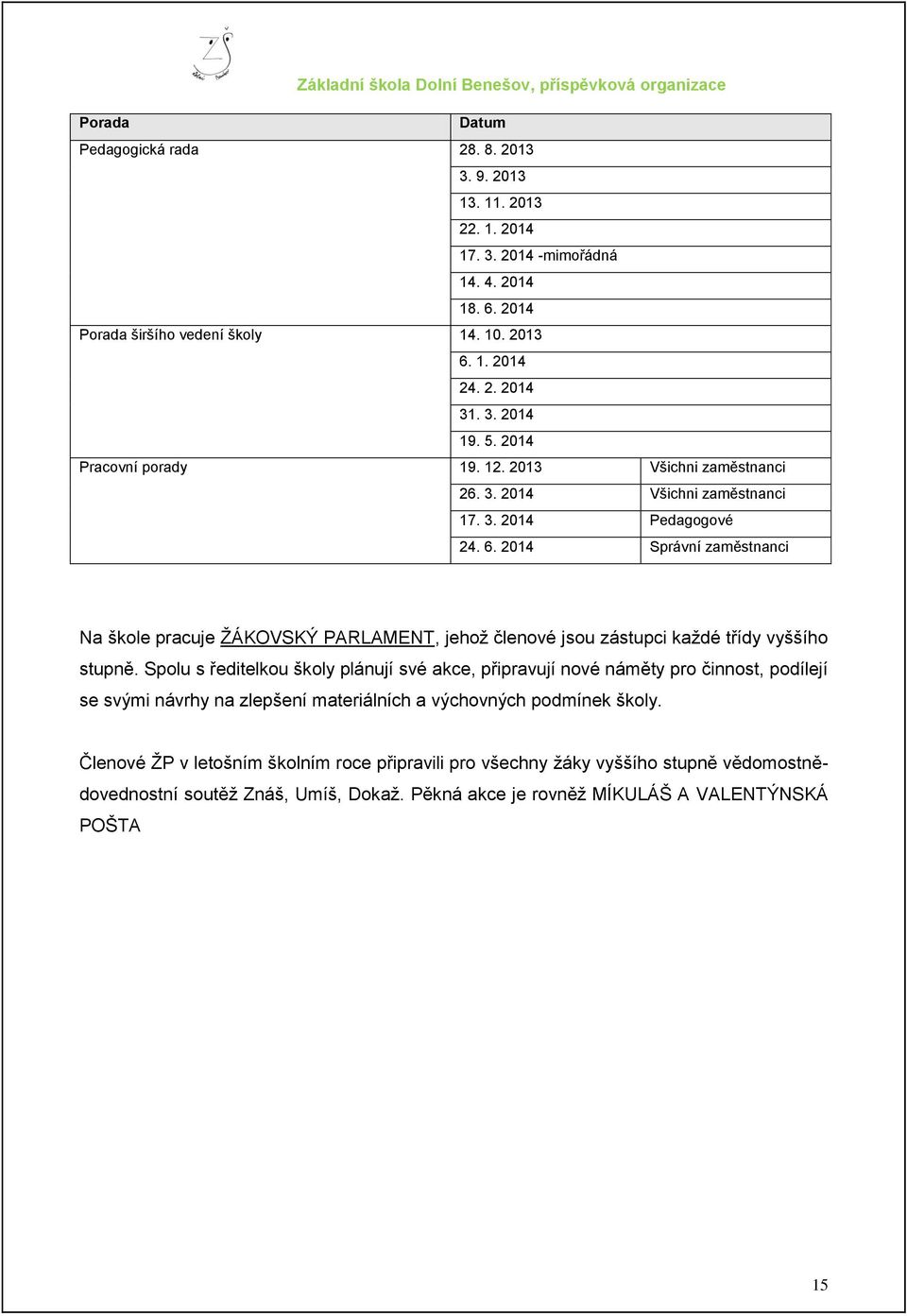 2014 Správní zaměstnanci Na škole pracuje ŢÁKOVSKÝ PARLAMENT, jehoţ členové jsou zástupci kaţdé třídy vyššího stupně.