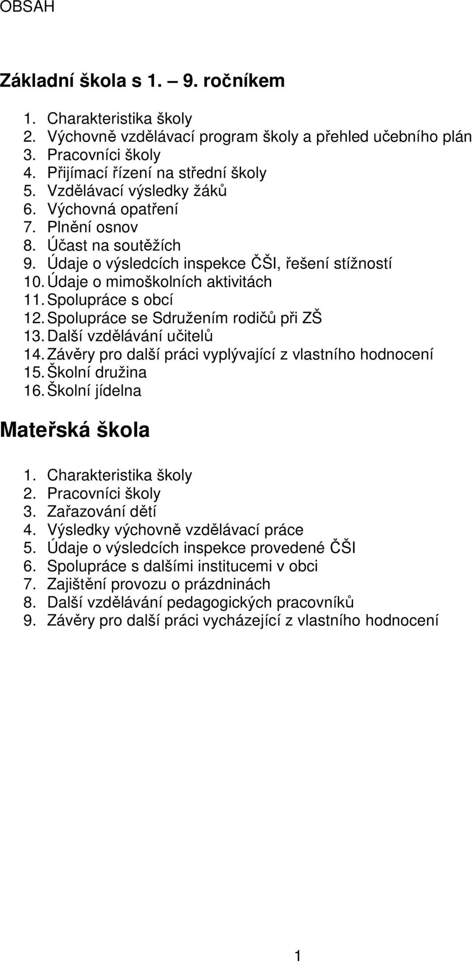 Spolupráce se Sdružením rodičů při ZŠ 13. Další vzdělávání učitelů 14. Závěry pro další práci vyplývající z vlastního hodnocení 15. Školní družina 16. Školní jídelna Mateřská škola 1.