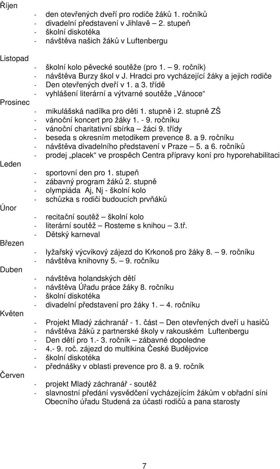 Hradci pro vycházející žáky a jejich rodiče - Den otevřených dveří v 1. a 3. třídě - vyhlášení literární a výtvarné soutěže Vánoce - mikulášská nadílka pro děti 1. stupně i 2.