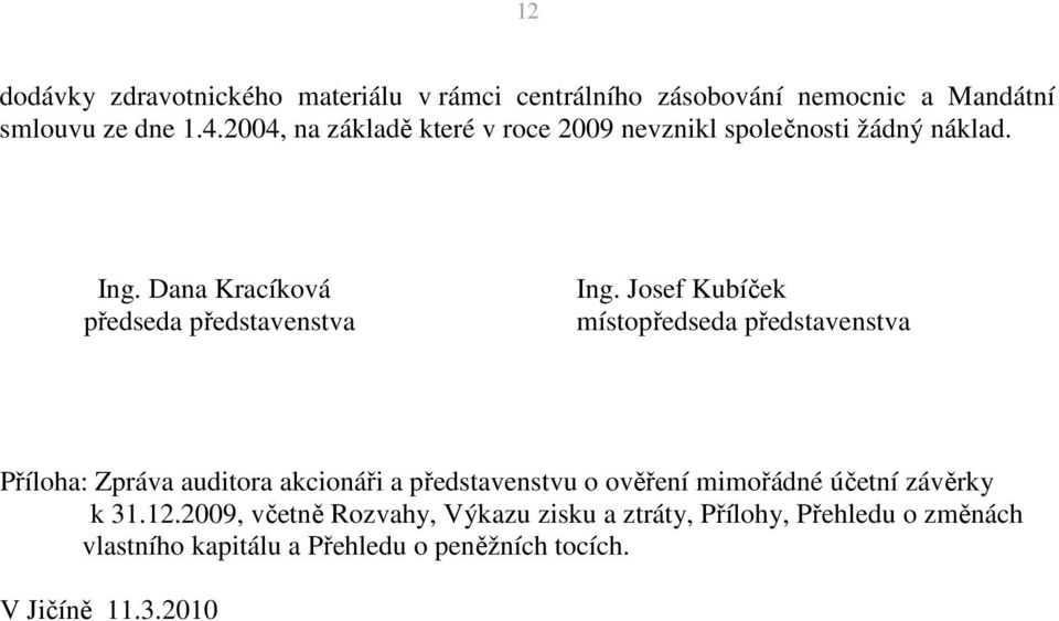 Josef Kubíček místopředseda představenstva Příloha: Zpráva auditora akcionáři a představenstvu o ověření mimořádné účetní