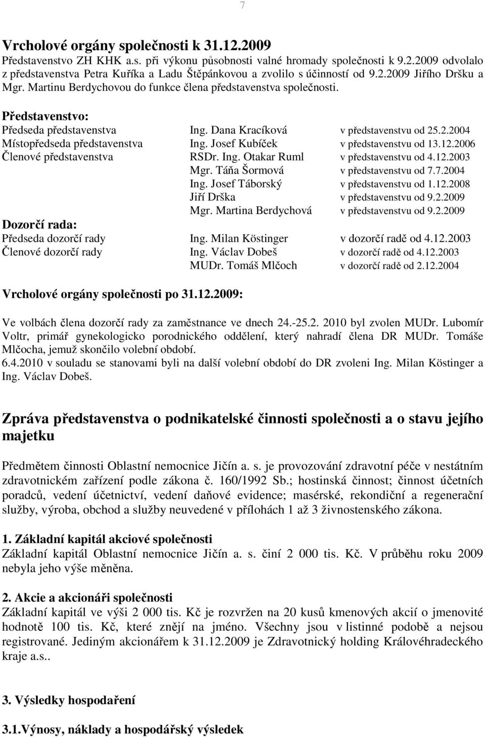 Josef Kubíček v představenstvu od 13.12.2006 Členové představenstva RSDr. Ing. Otakar Ruml v představenstvu od 4.12.2003 Mgr. Táňa Šormová v představenstvu od 7.7.2004 Ing.