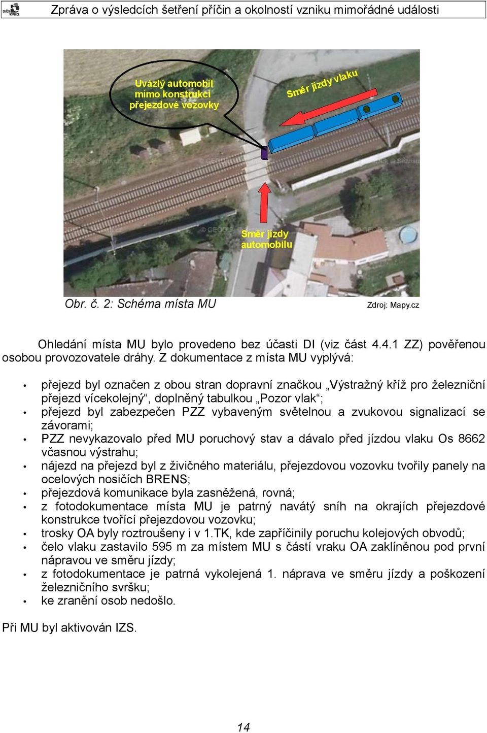 vybaveným světelnou a zvukovou signalizací se závorami; PZZ nevykazovalo před MU poruchový stav a dávalo před jízdou vlaku Os 8662 včasnou výstrahu; nájezd na přejezd byl z živičného materiálu,